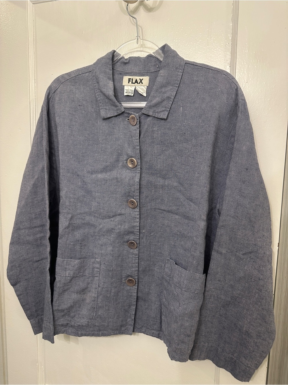 FLAX Women's Blue Linen Button-Front Jacket & Matching Pants Size Medium